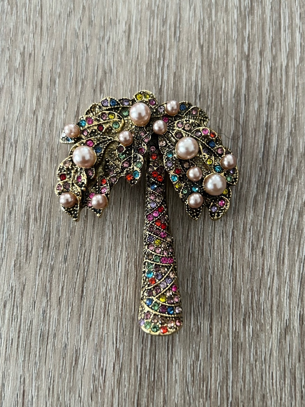 Multicolor Crystal & Pearl Palm Tree Brooch